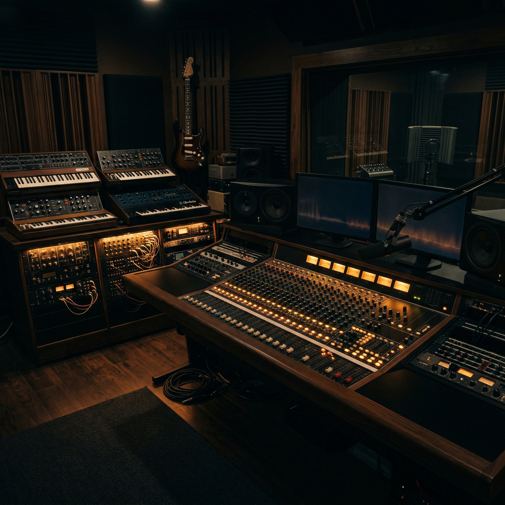 AOG Music production studio with analog synthesizers and warm amber lighting